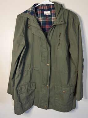 Perch Y2K green hooded utility jacket with plaid lining size 1X womens plus army